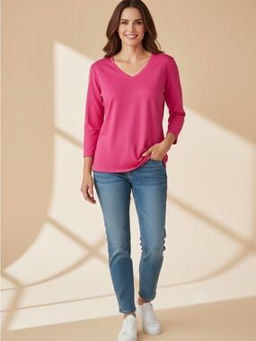 Chicos Women’s Size Small 3/4 Sleeve V Neck Solid Pink The Ultimate Tee